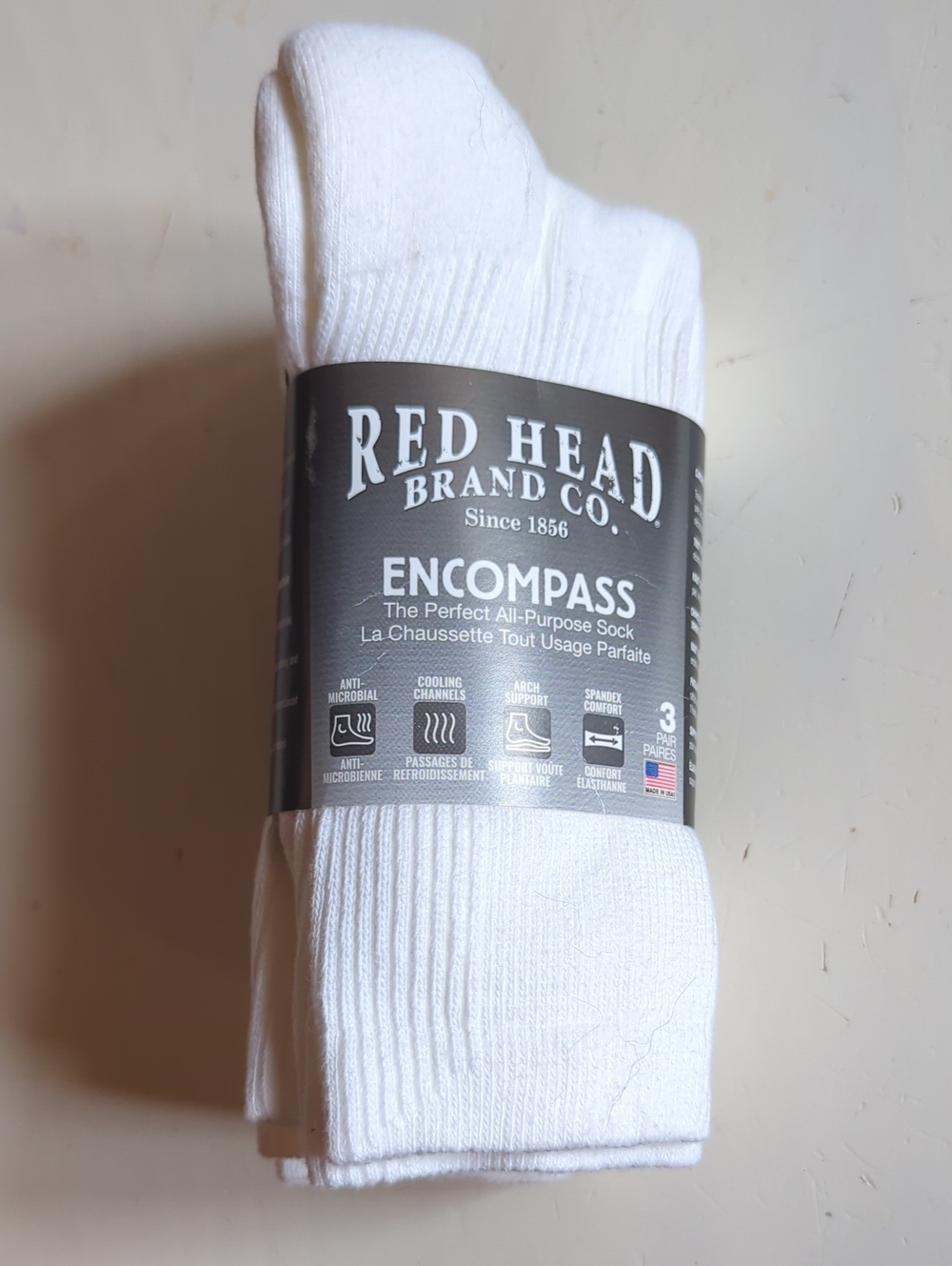 New Red Head Encompass White Men's Crew Socks - 3 Pack